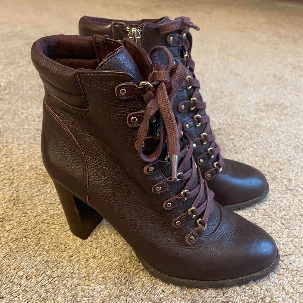 Antonio Melanie Gammon Block Heel Burgundy Lace-Up Ankle Combat Boots Size 7.5